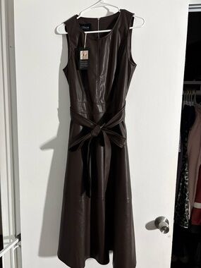 Faux Leather Sleeveless Midi Dress in Dark Brown